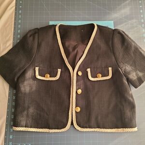 Stylish Black Jacket with Cream Trim Paris Style Chic Tweed Sophisticated